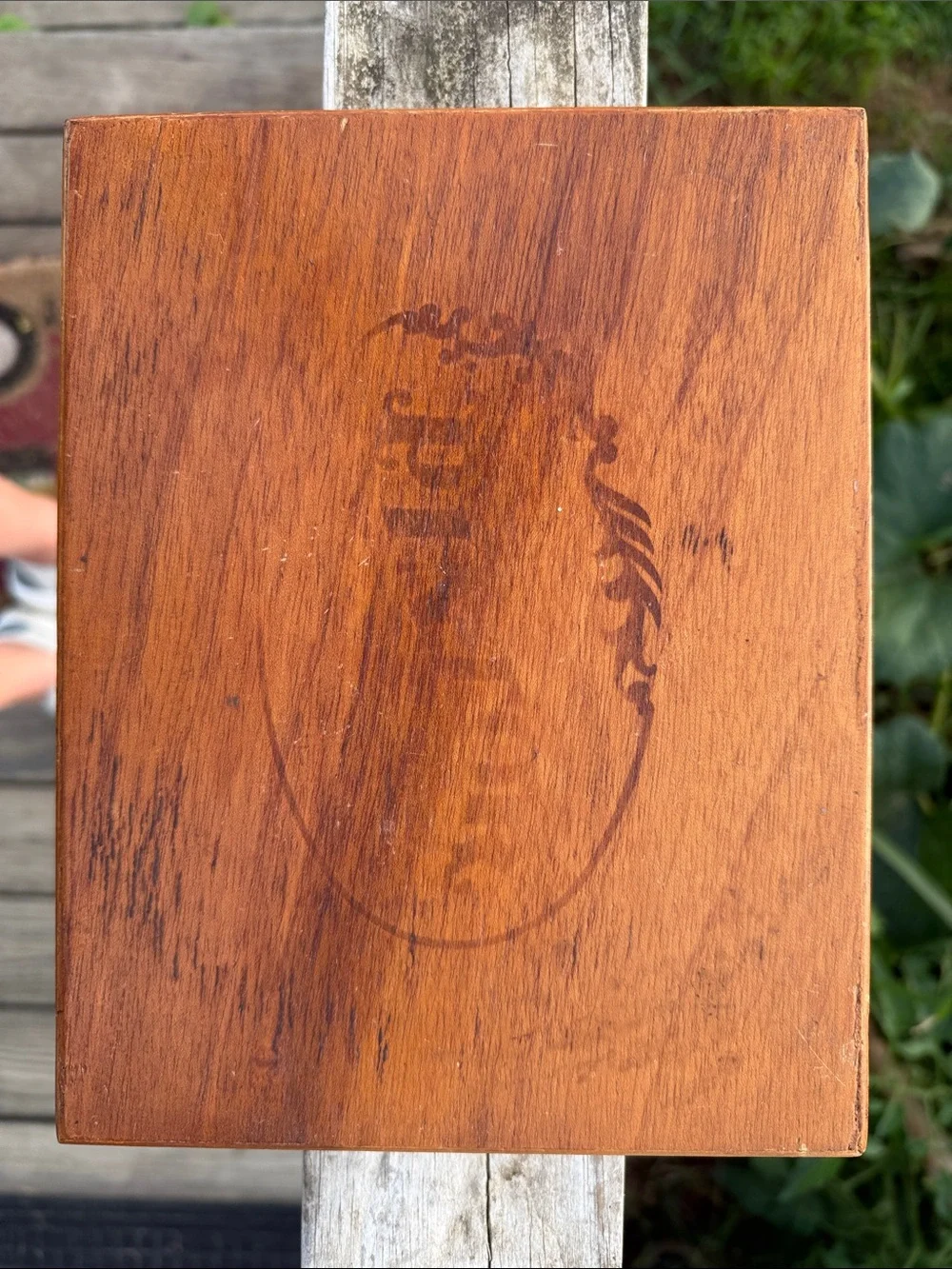Vintage Brown Wood Decorative Box with Engraved Crest